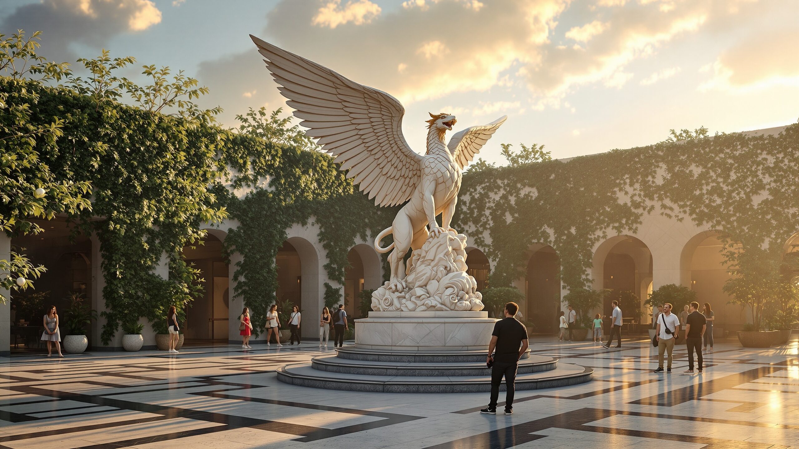 Concept illustration of a winged mythological figure in a plaza
