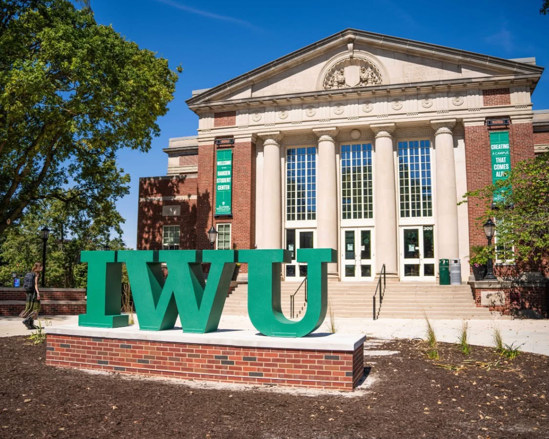 Four-foot green IWU metal letters at Illinois Wesleyan University