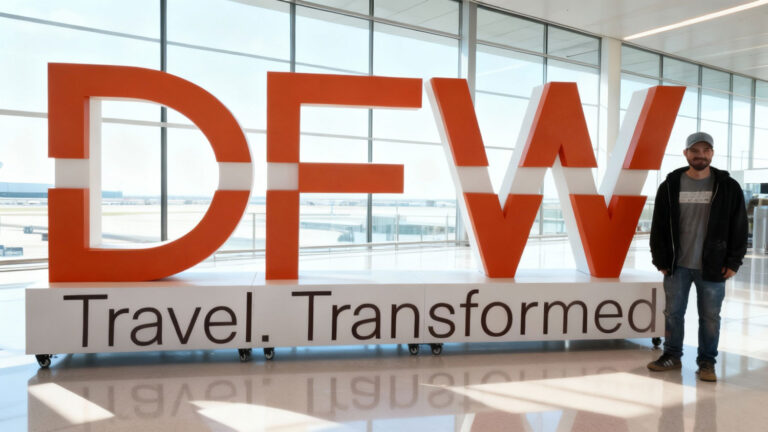Custom Dallas Fort Worth International Airport foam logo display, standing 6.5 feet tall and over 15 feet wide.