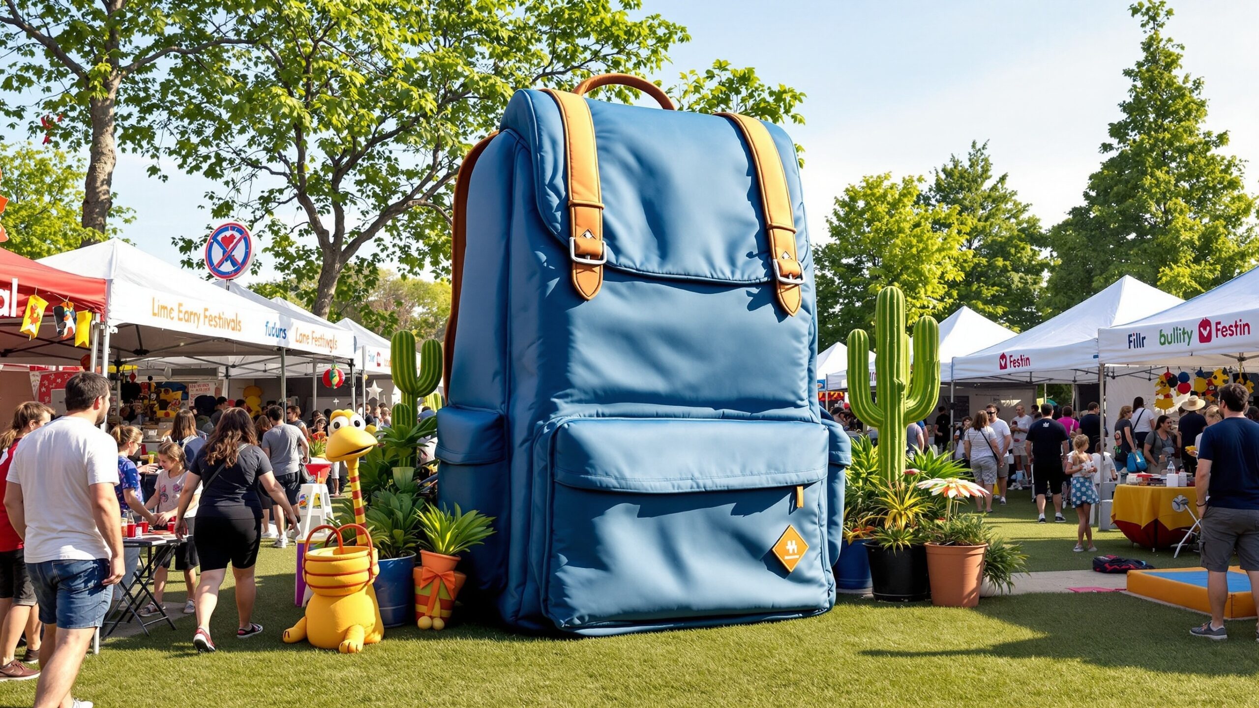 Concept for a giant blue backpack at an outdoor event