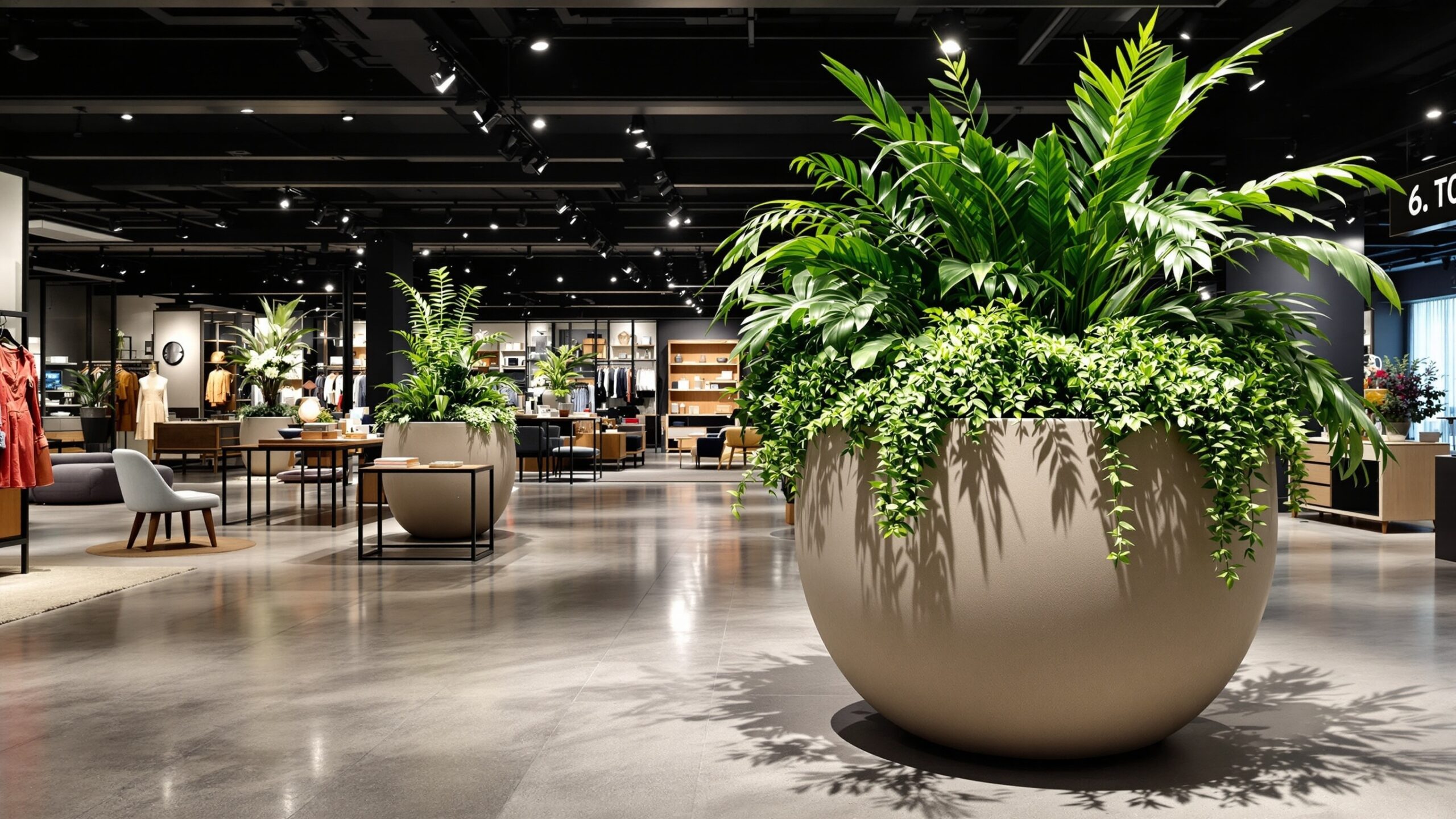 Concept for a giant rounded plant pot in a retail interior