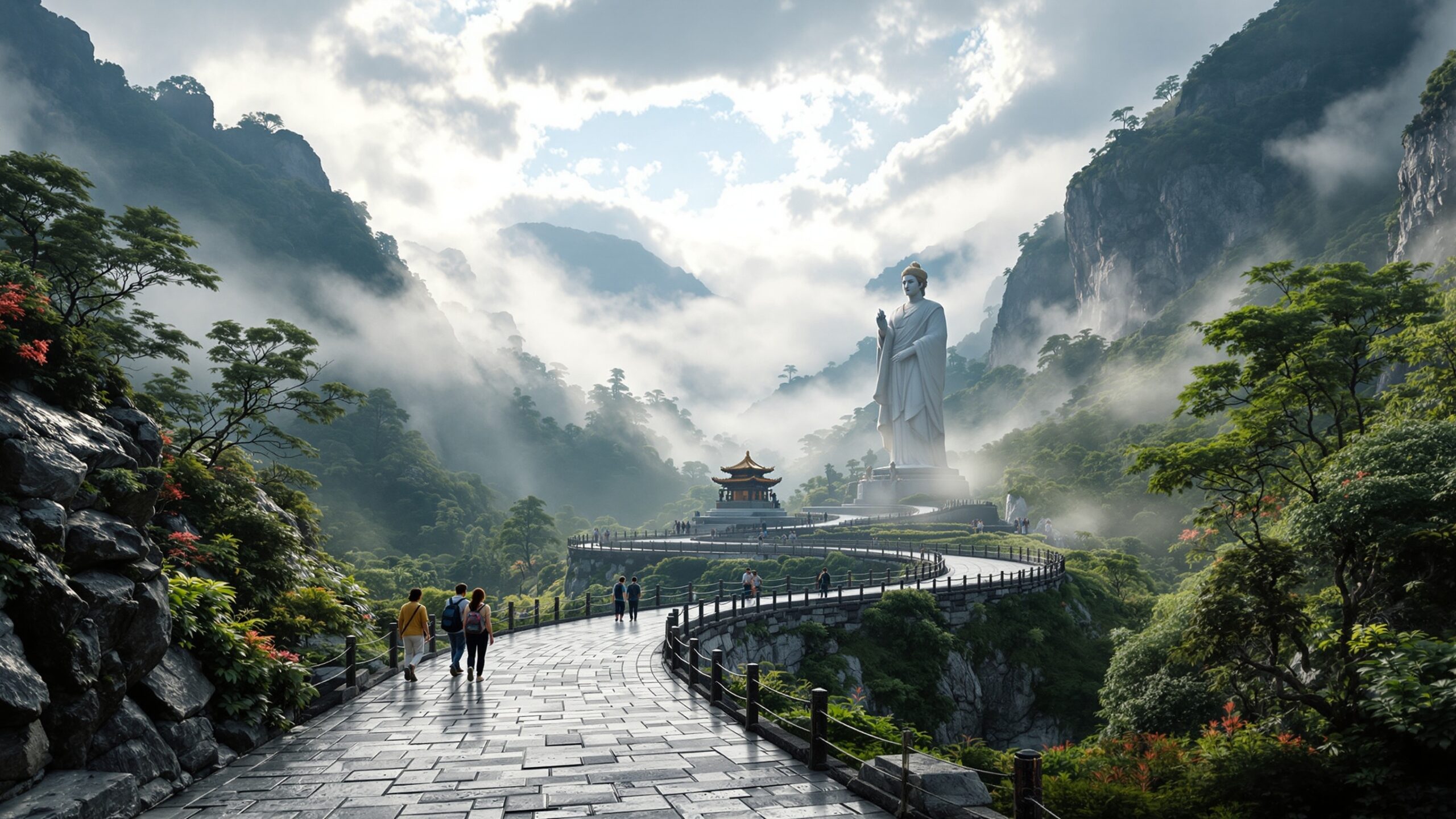 Concept of a monumental figure along a mountain attraction walkway