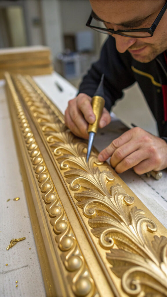 Macro shot of craftsman applying gold leaf to an ornate foam molding