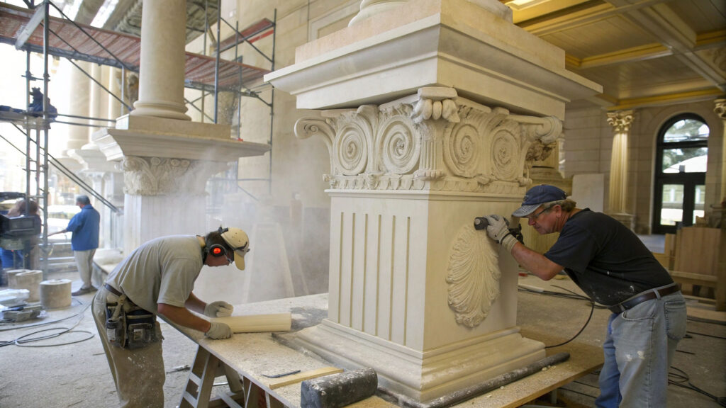 Craftsmen replicating large pilasters and capitals for a historic government building using CNC-cut foam and hand finishing.