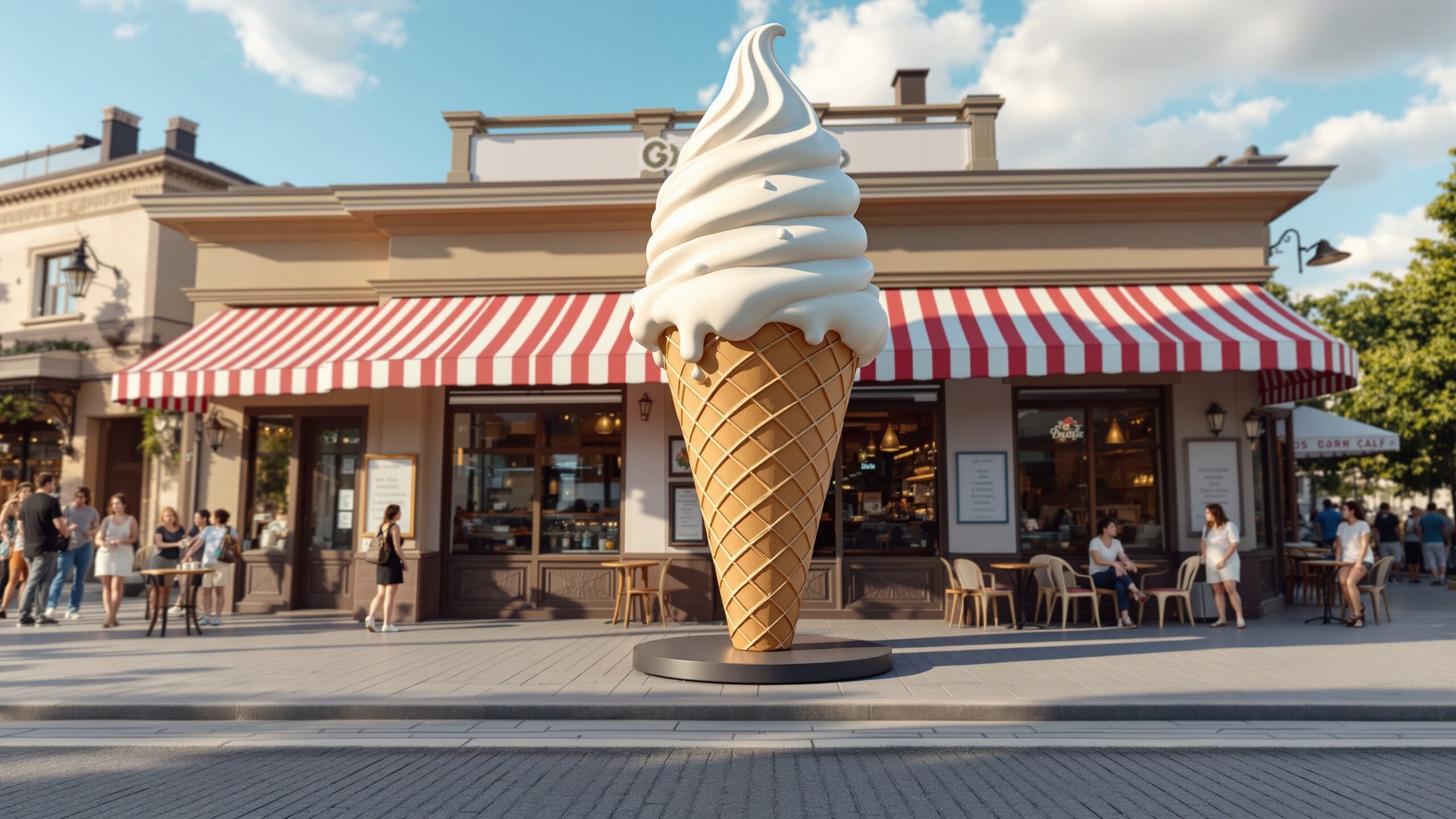 Concept of a giant soft-serve ice cream statue outside a shop