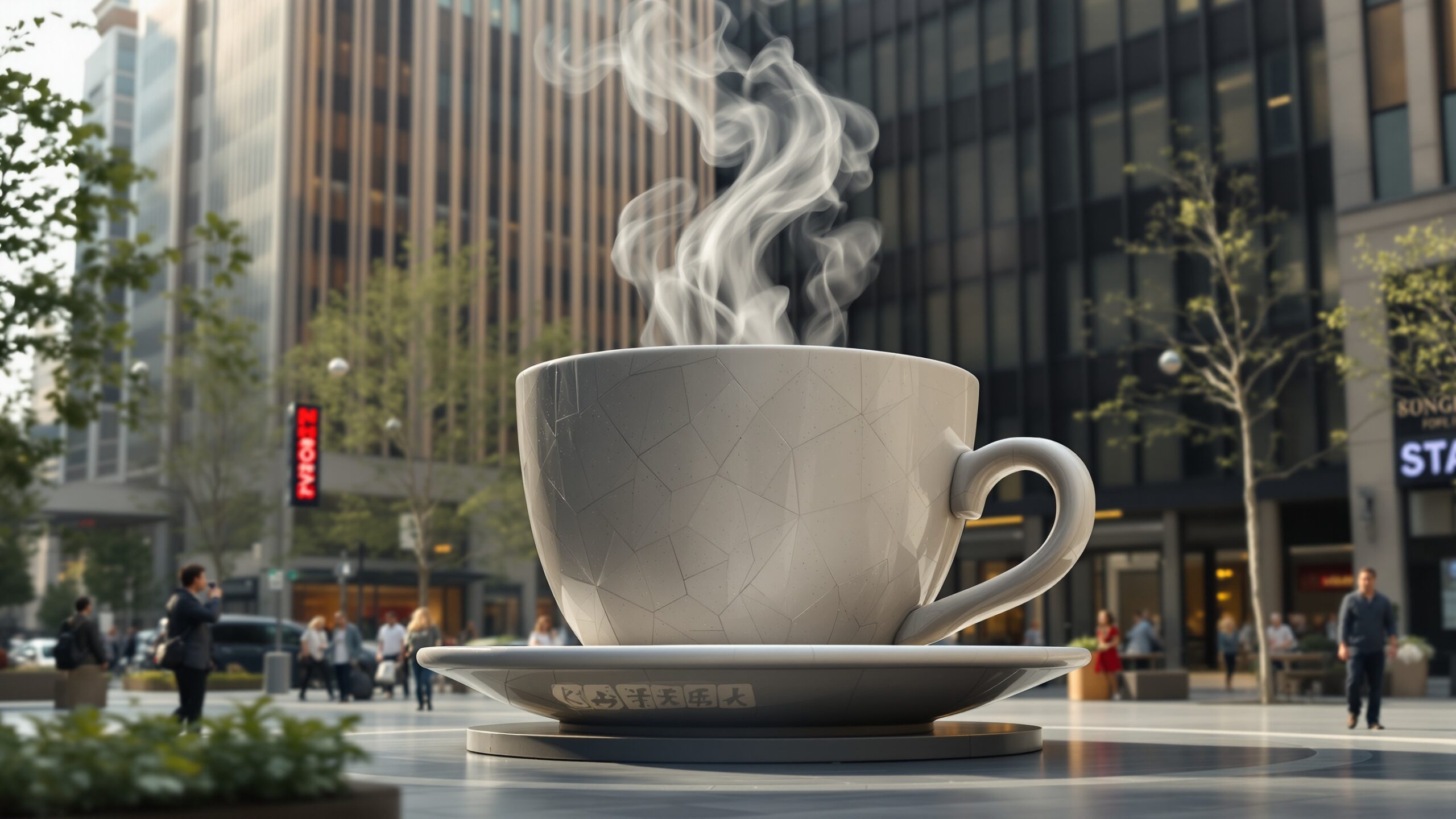 Concept of an oversized steaming cup statue in an urban plaza