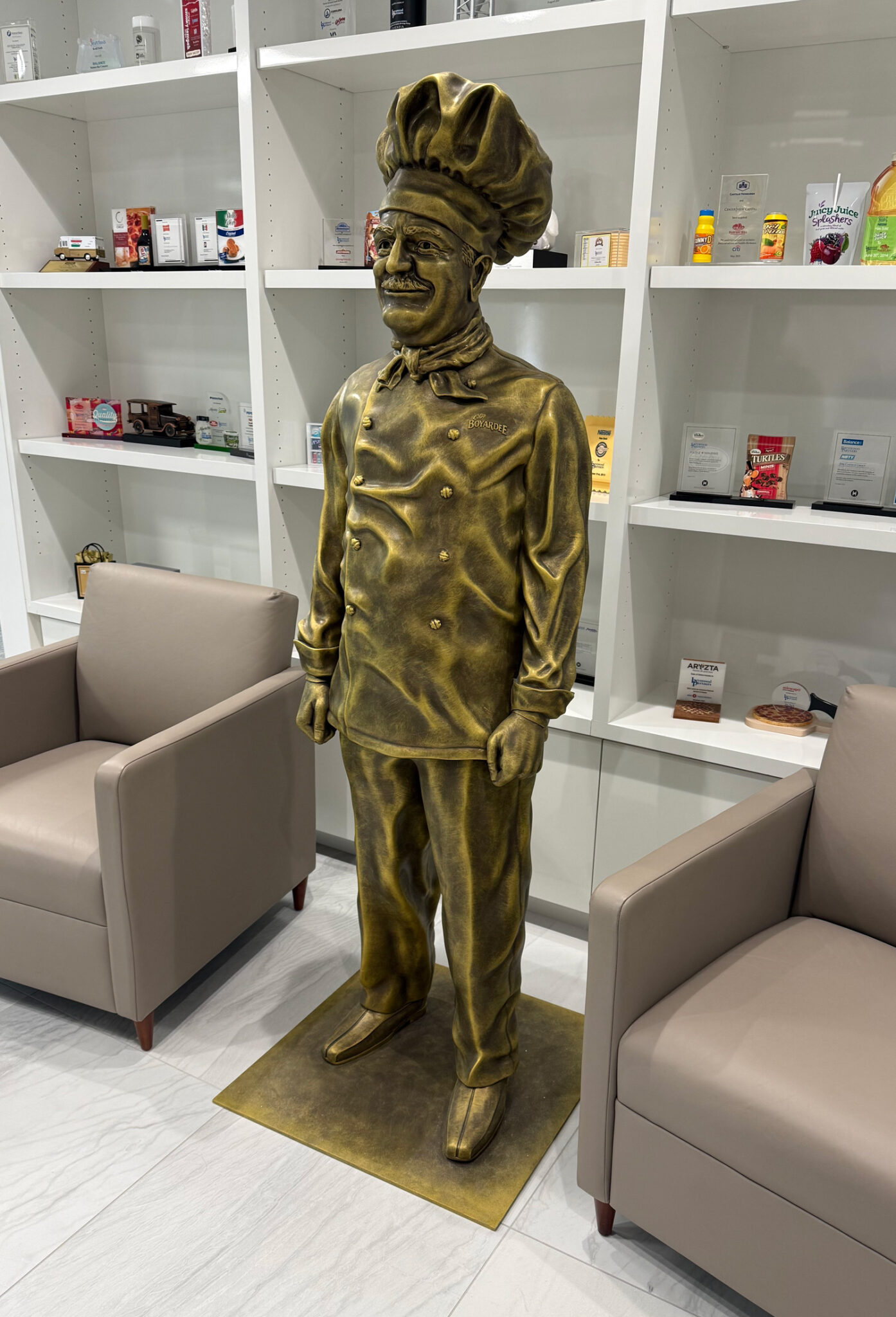 Six-foot Chef Boyardee faux-bronze statue