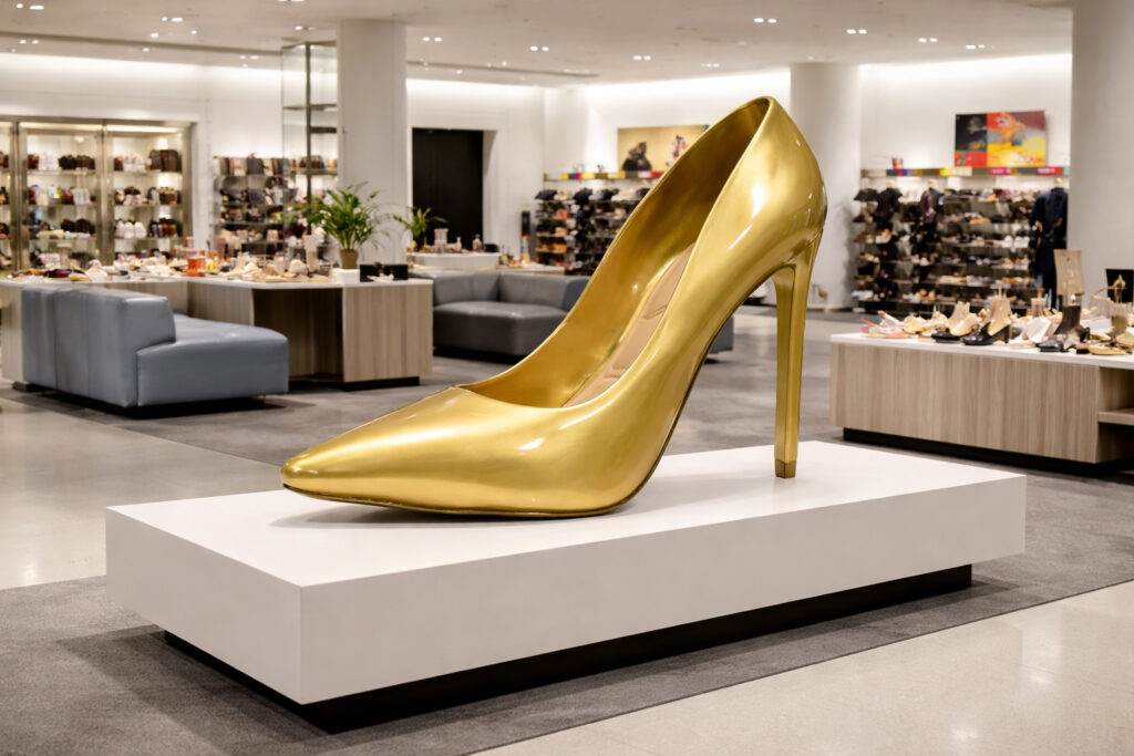 Giant polished gold high-heel shoe replica displayed on a retail platform