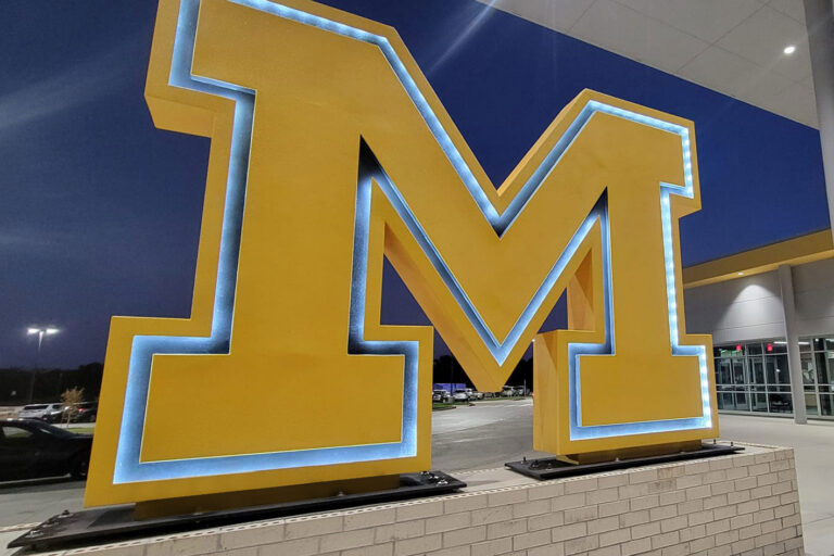 Giant Letter M Lit Campus Landmark Display