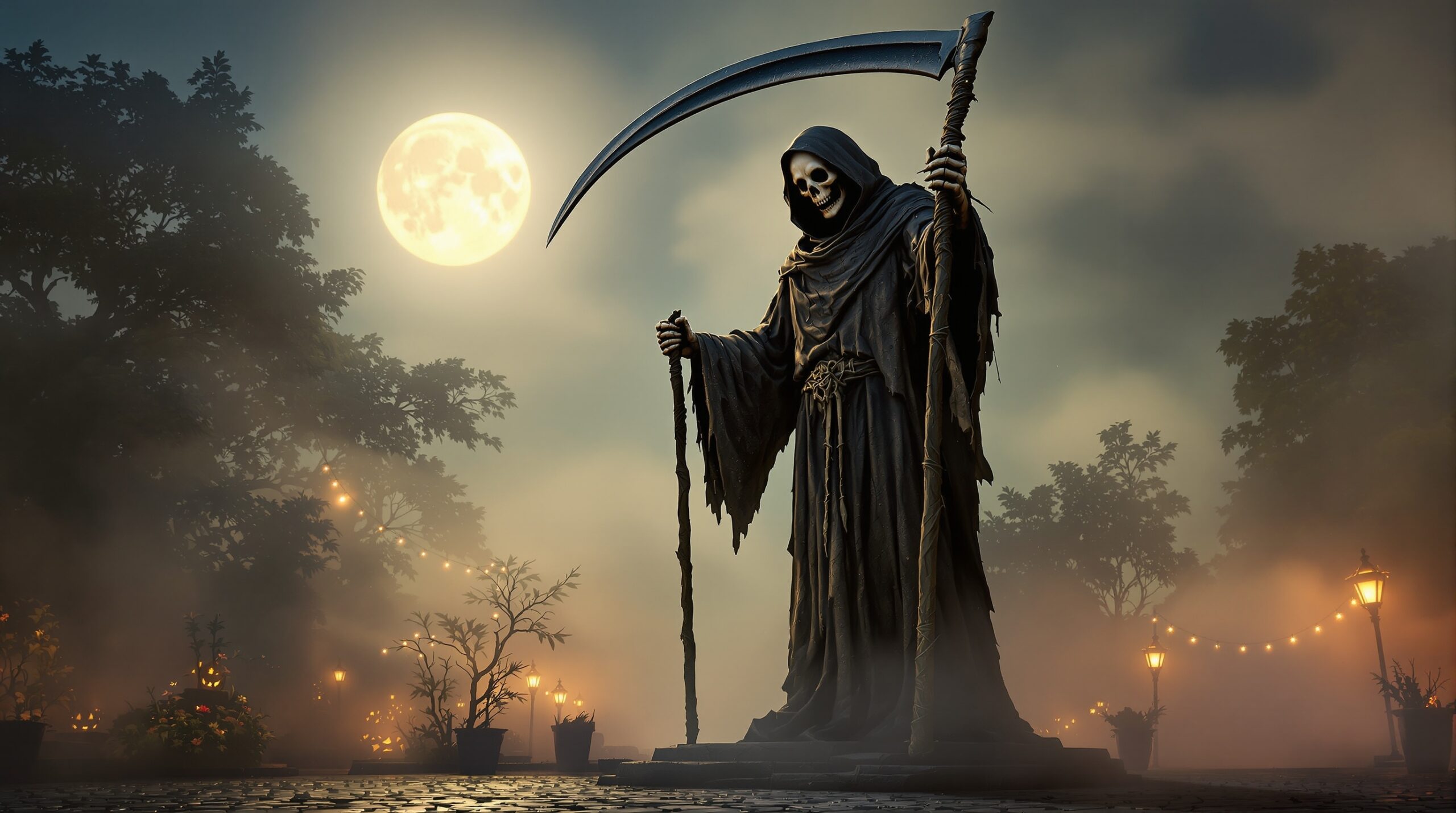 Concept of a tall grim reaper statue along a Halloween event path