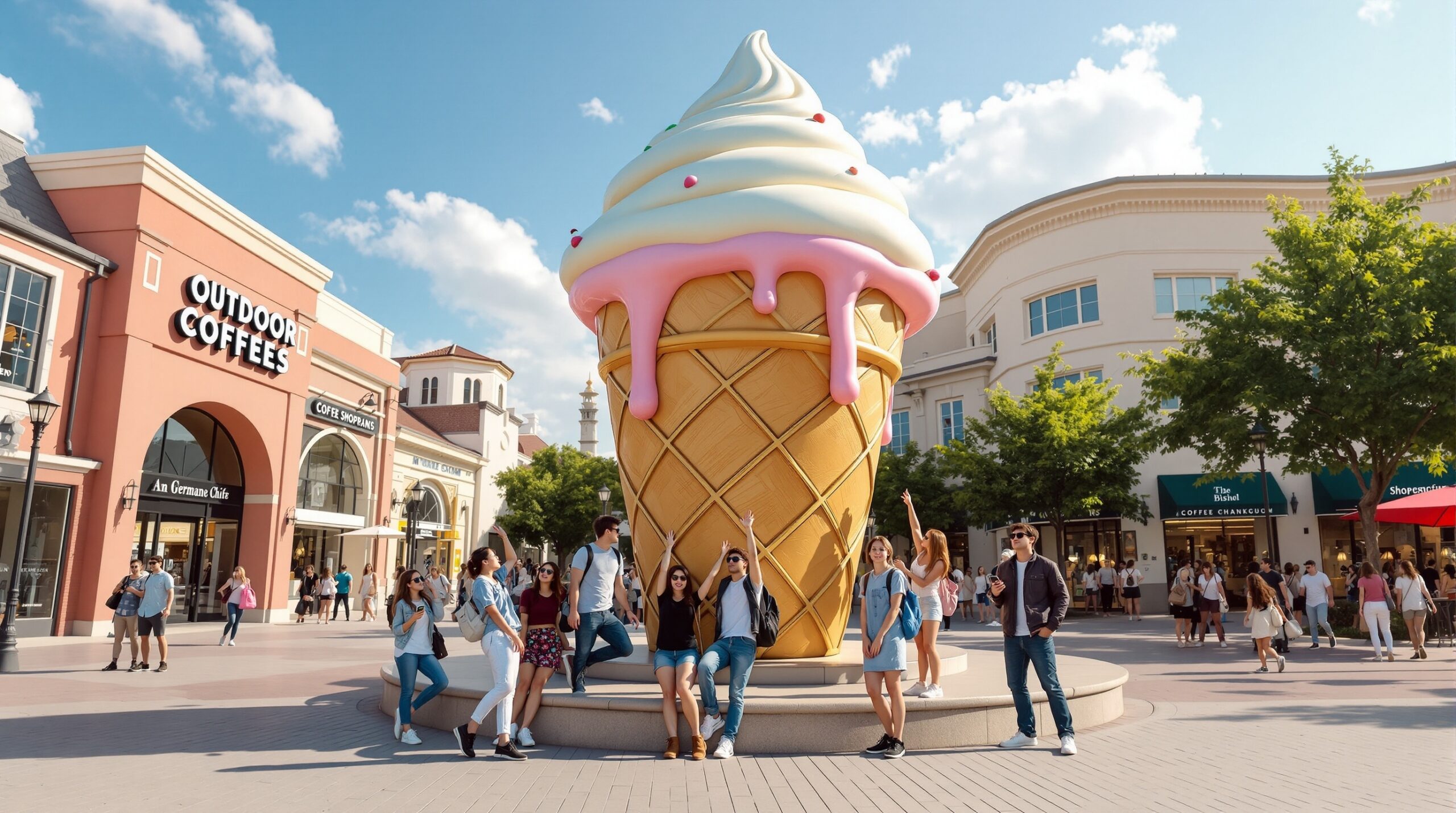 Concept of a giant ice cream statue used as a shopping-center photo stop