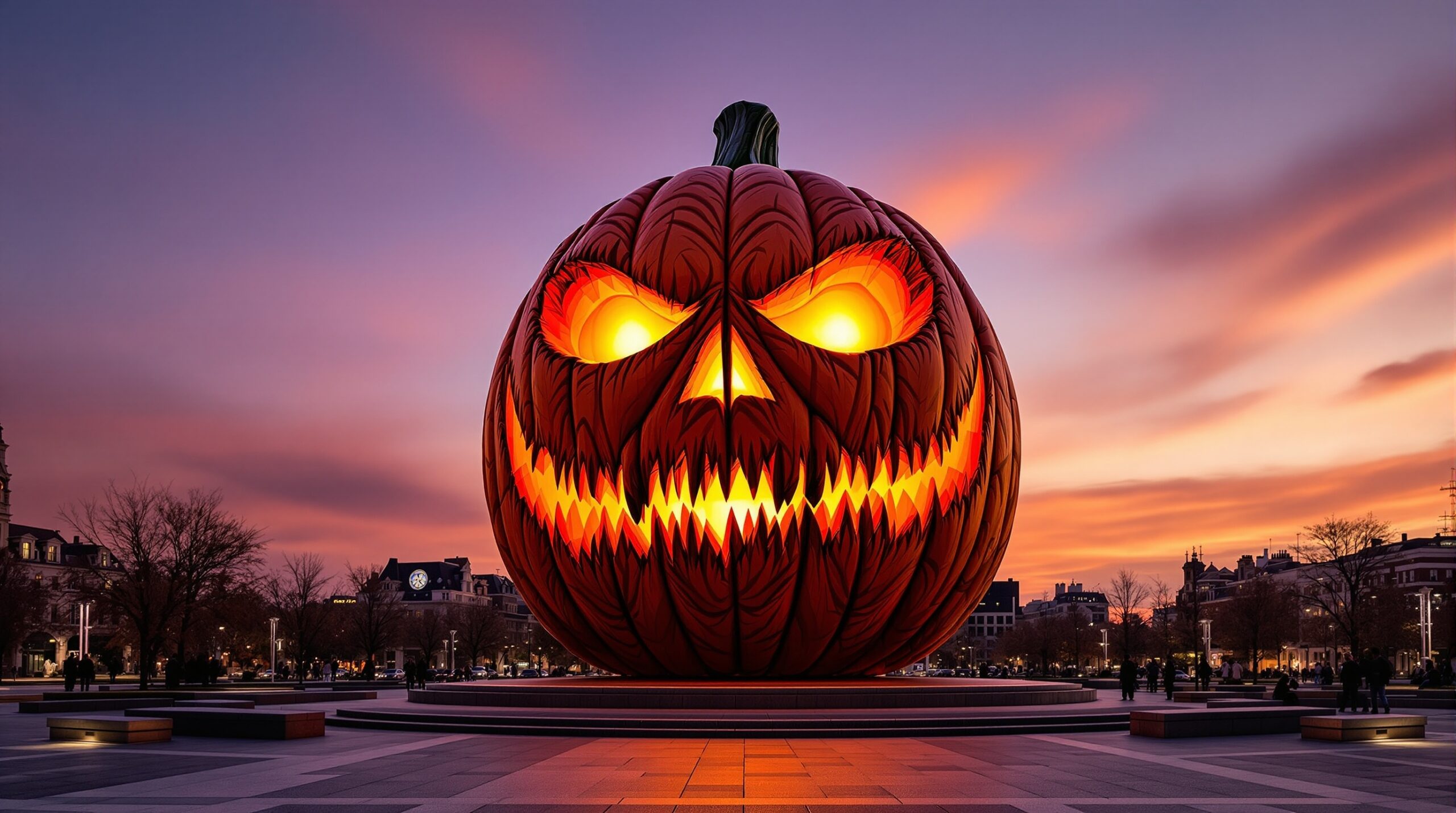 Concept of a giant jack-o-lantern statue at an outdoor Halloween event