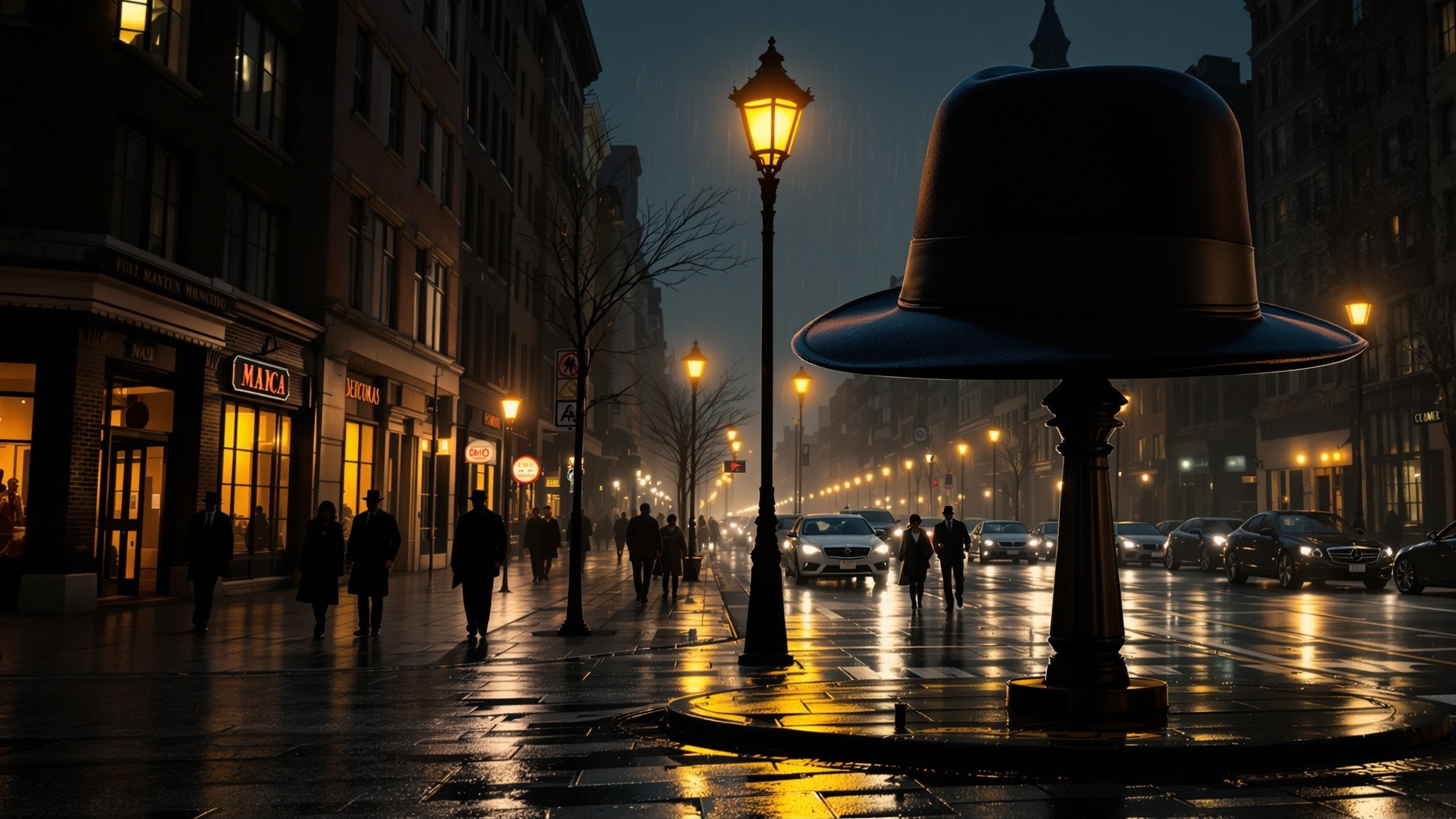 Concept for a monumental fedora in a nighttime street setting