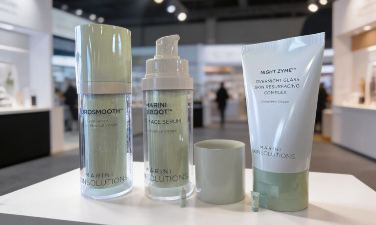 Large-format skincare replicas translate retail packaging into a clean, high-visibility display format.