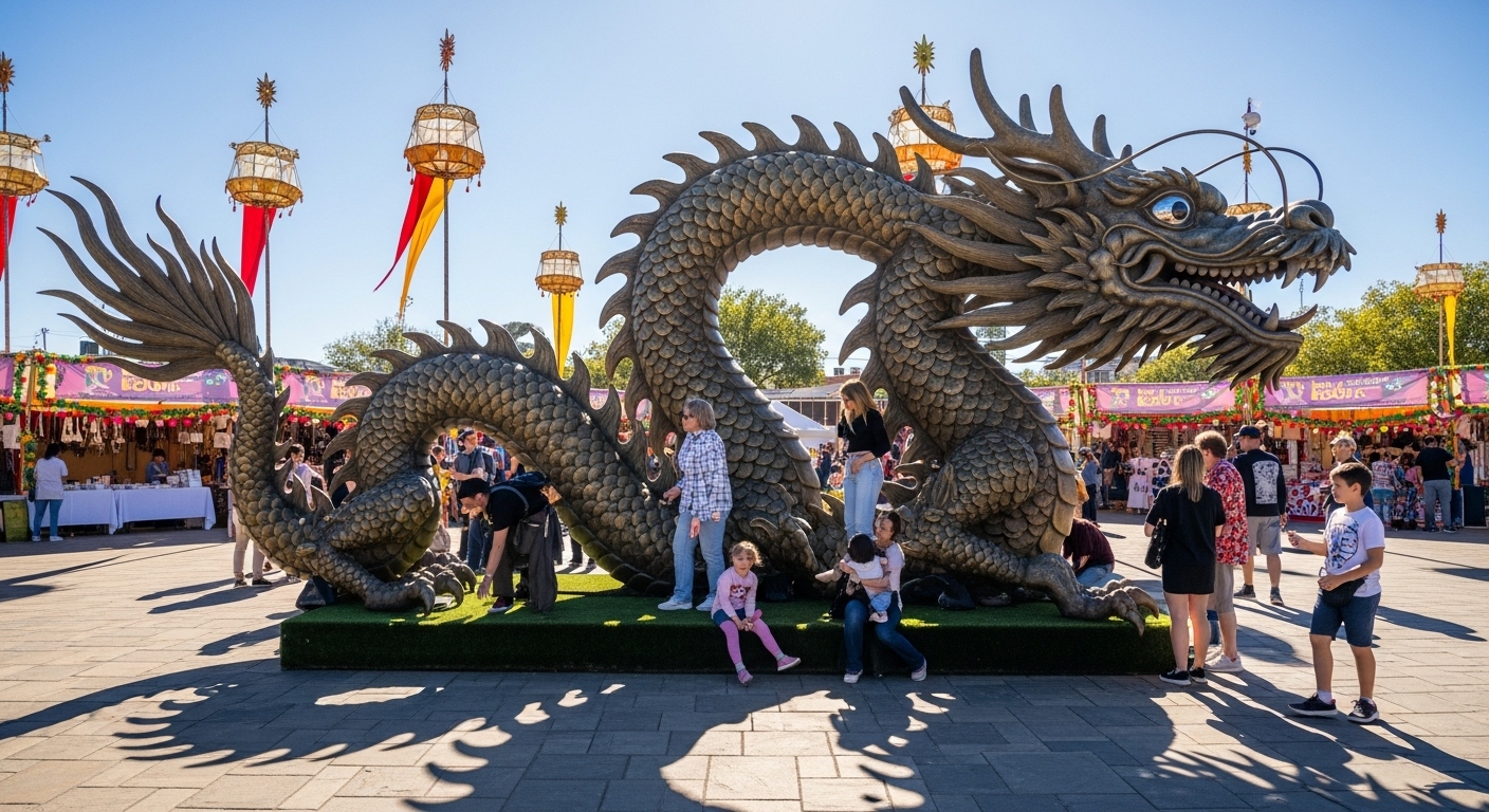 Concept of a coiled dragon statue in an open festival plaza