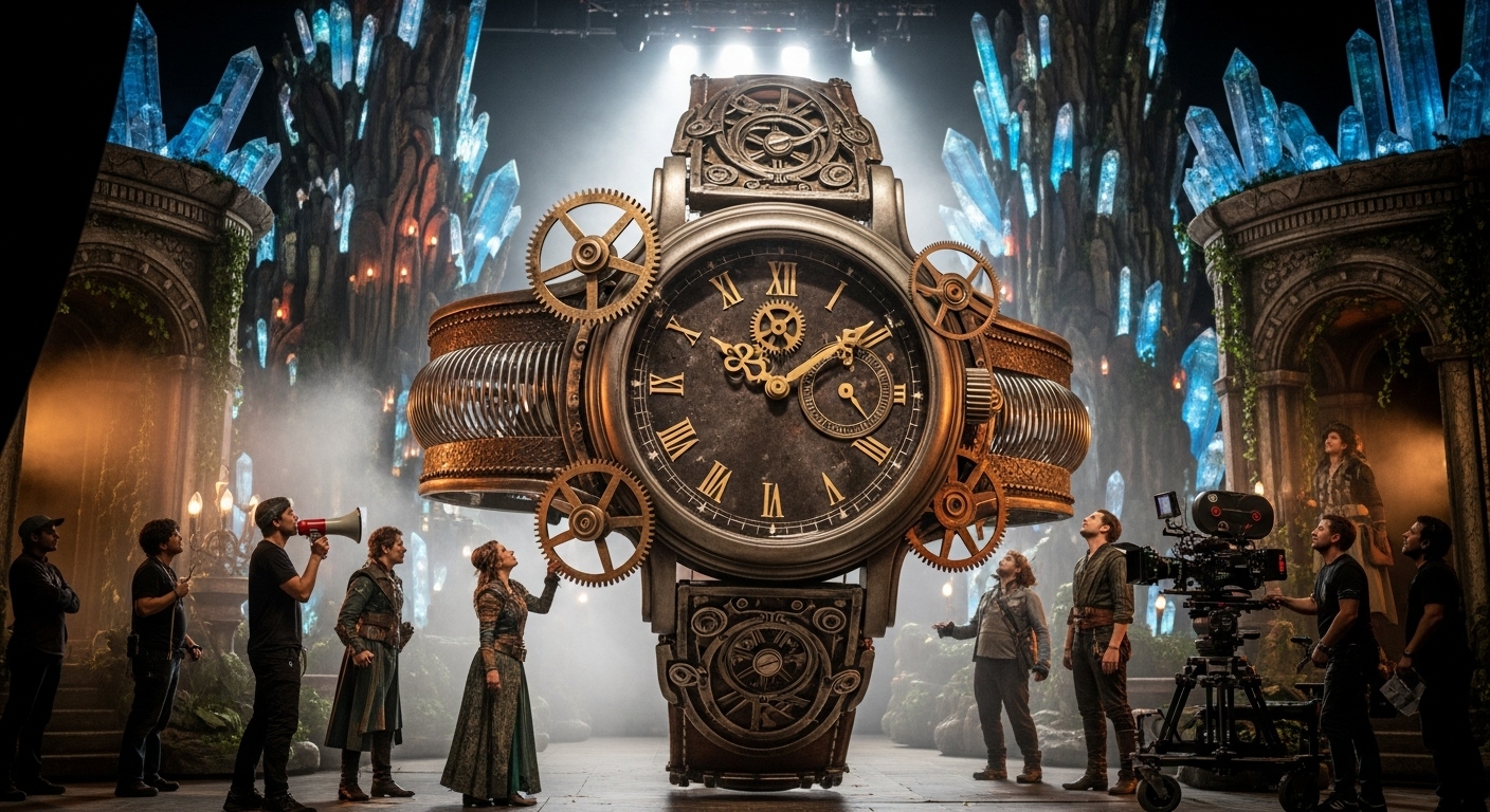 Concept for an ornate giant wristwatch on a stage set