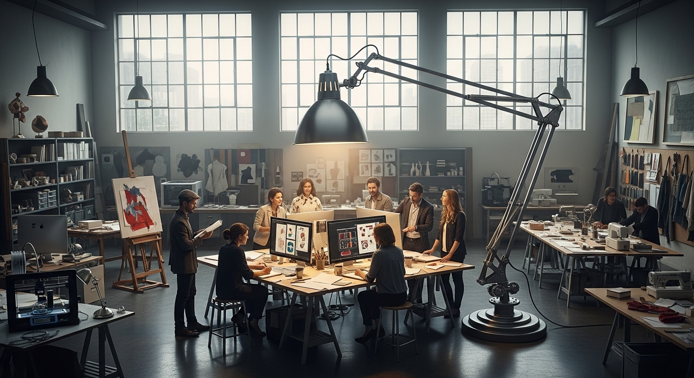 Concept for a giant articulated desk lamp in a creative studio