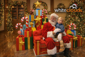 Custom 11′ × 11′ × 6′ Christmas backdrop and themed bench was designed to support live Santa visits and family photos at a city holiday.