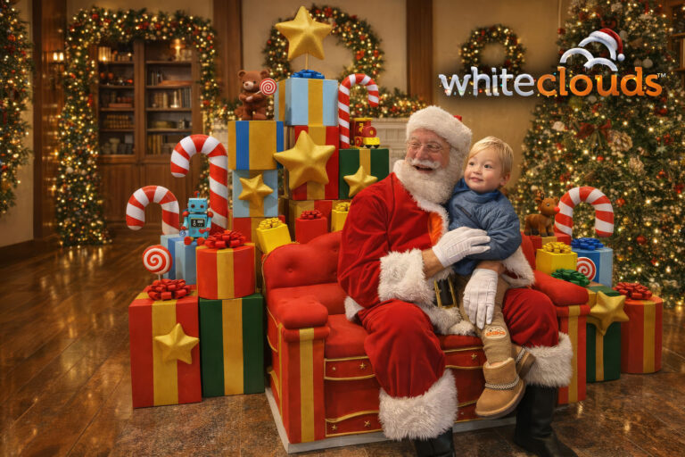 Custom 11′ × 11′ × 6′ Christmas backdrop and themed bench was designed to support live Santa visits and family photos at a city holiday.