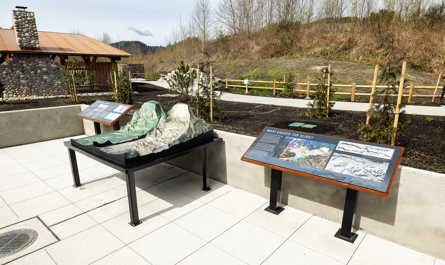Outdoor topographical exhibit model installed at a visitor center.