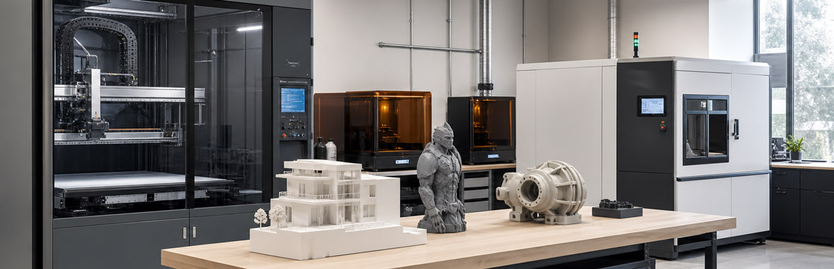 Professional fabrication workspace with several modern 3D printing production systems.
