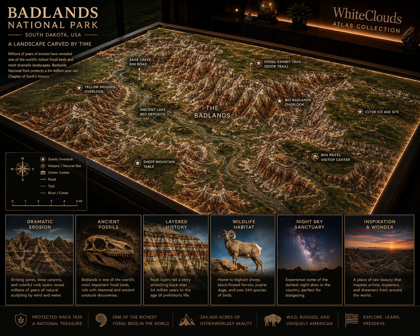 WhiteClouds Atlas concept featuring Badlands National Park topography