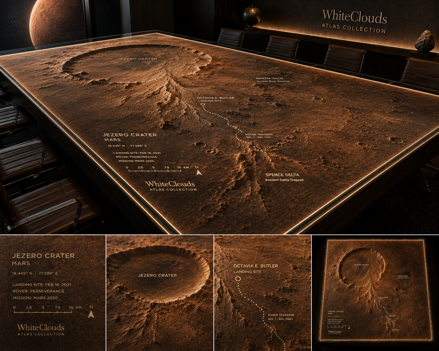 WhiteClouds Atlas concept featuring Jezero Crater topography
