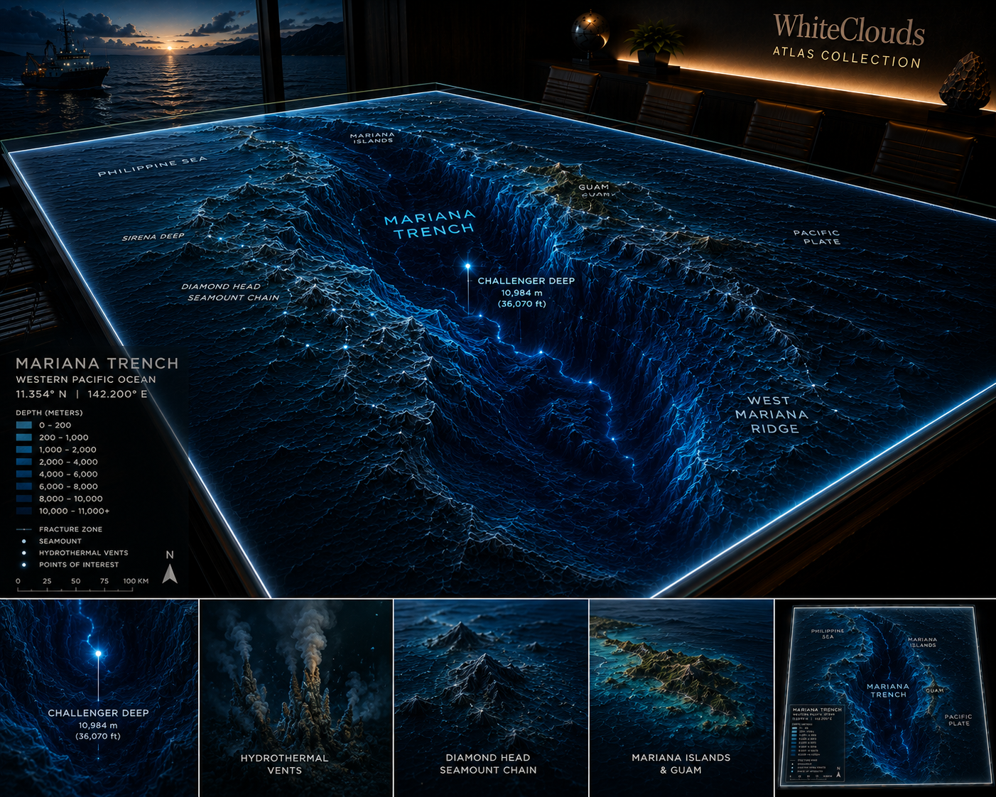 WhiteClouds Atlas concept featuring Mariana Trench topography