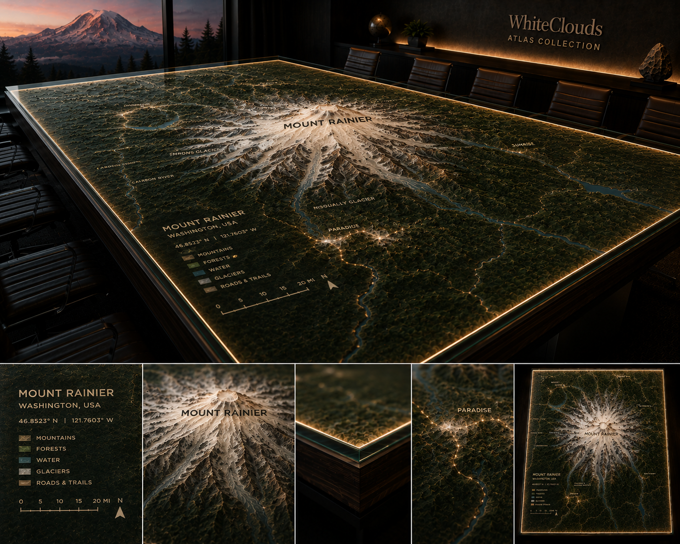 WhiteClouds Atlas concept featuring Mount Rainier National Park topography