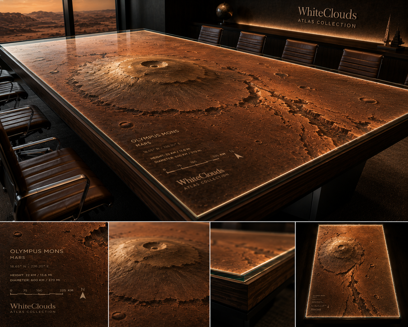 WhiteClouds Atlas concept featuring Olympus Mons topography