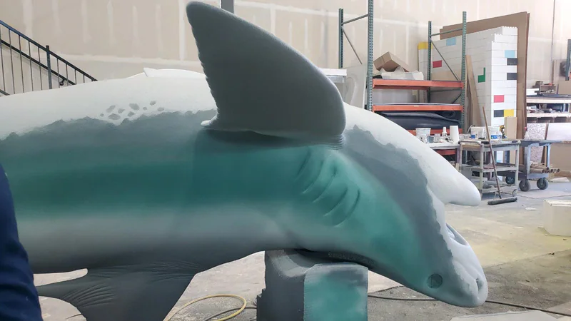 Painted tiger shark foam sculpture with completed color and surface details.