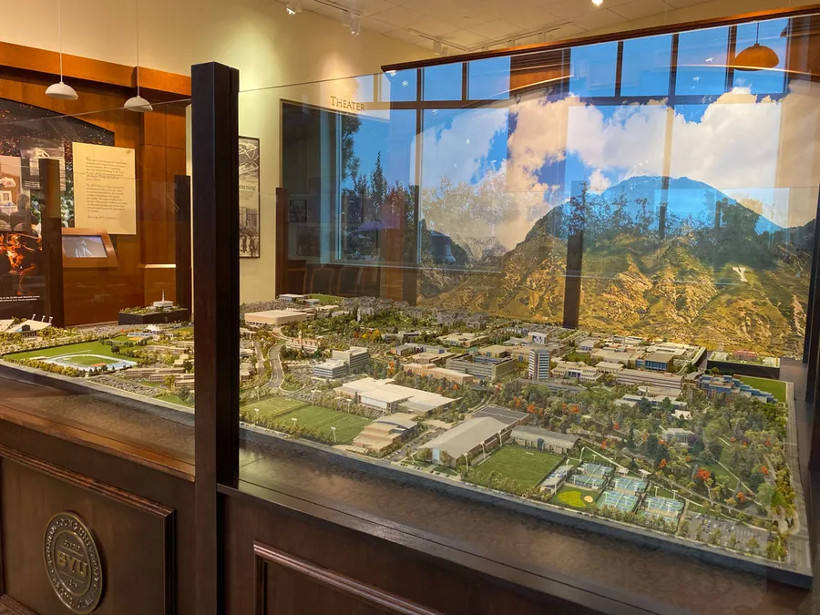 Full view of the BYU campus architectural diorama showing the complete 10-foot by 12-foot campus display