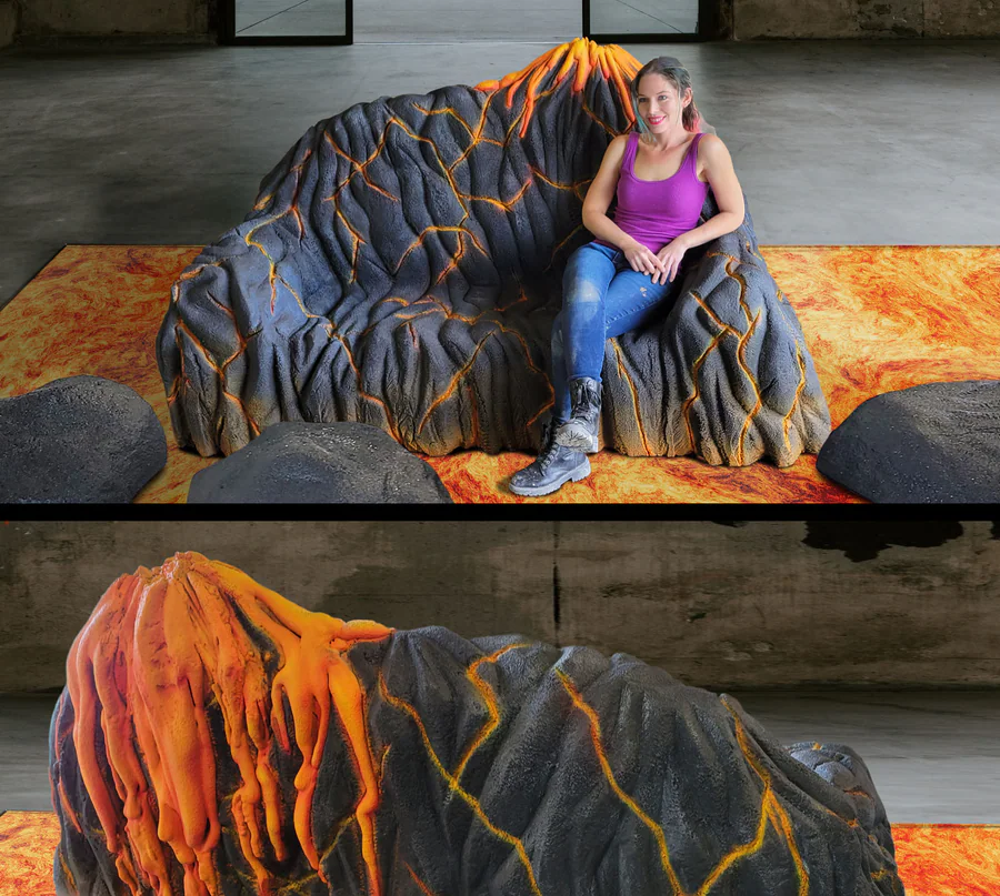Finished lava-themed foam couch and scenic display.