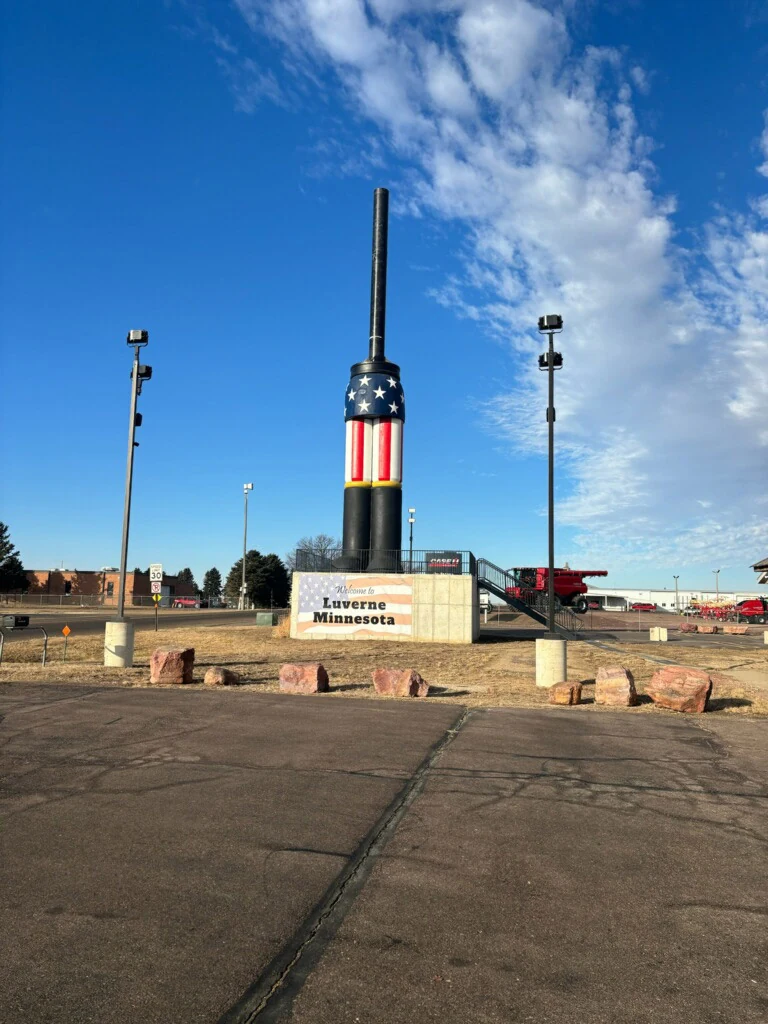 Large nutcracker leg sections being installed around the support in Luverne
