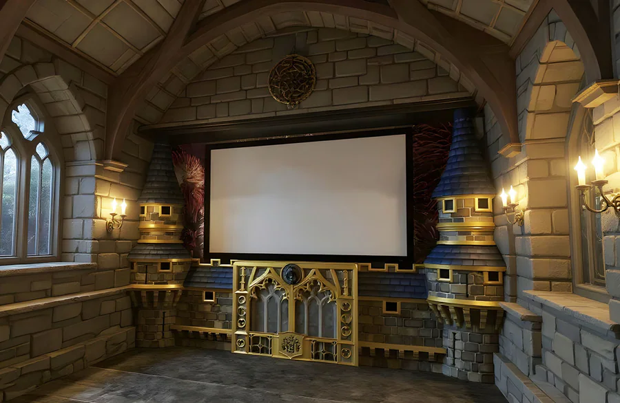 Finished carved foam architectural feature in a themed interior.