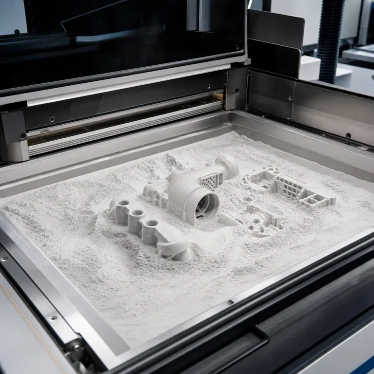 Polymer powder-bed 3D printing chamber with parts forming in loose powder.