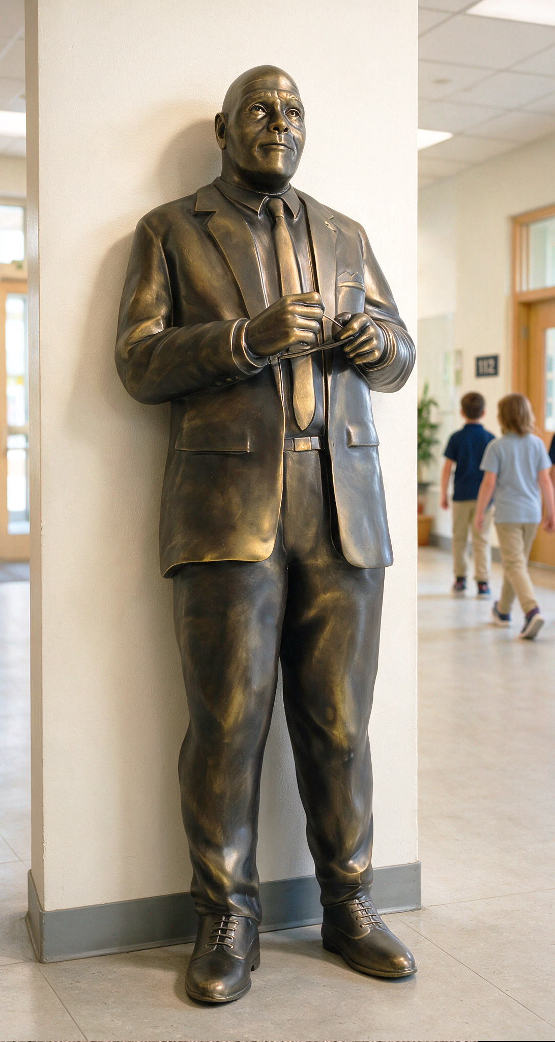 Three-quarter-depth bronze-finish statue mounted against a school hallway wall