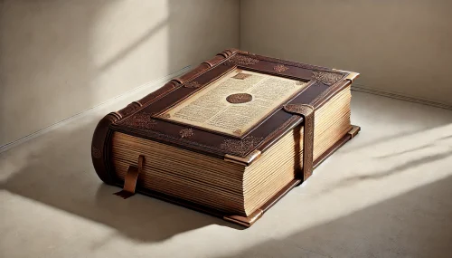 DALL·E 2024-10-22 08.38.43 - A photo-realistic giant book prop standing upright in a large, neutral space. The book is open, showcasing thick pages with faint, ancient text, as if