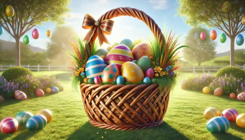 DALL·E 2024-10-25 08.21.51 - A photo-realistic image of a giant Easter basket prop displayed in a bright, festive outdoor setting. The oversized basket is woven with natural-looki