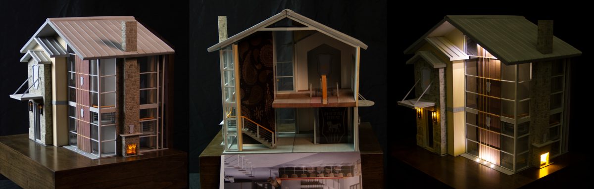 Architectural model fabricated with a cutout back, integrated lighting, and wooden base.