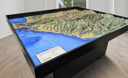 Monterey 3D-printed topography map model with custom pedestal base