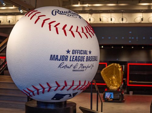 Rawlings Experience museum/store giant cutaway baseball prop in St Louis, MO