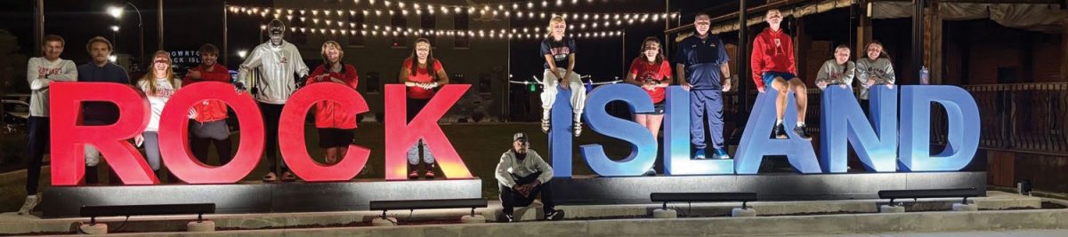Rock Island Metal Letter display at night.
